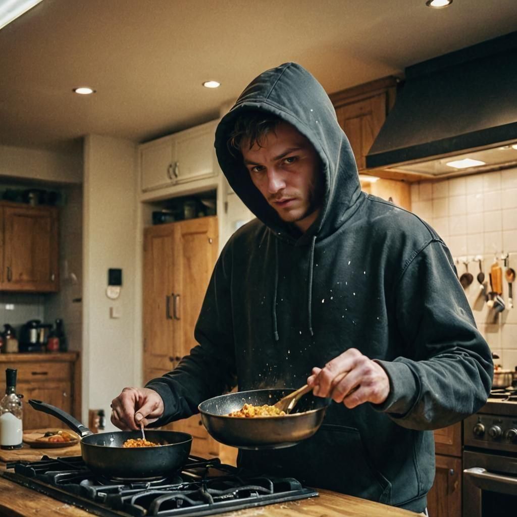 A guy at the stove in a hoodie