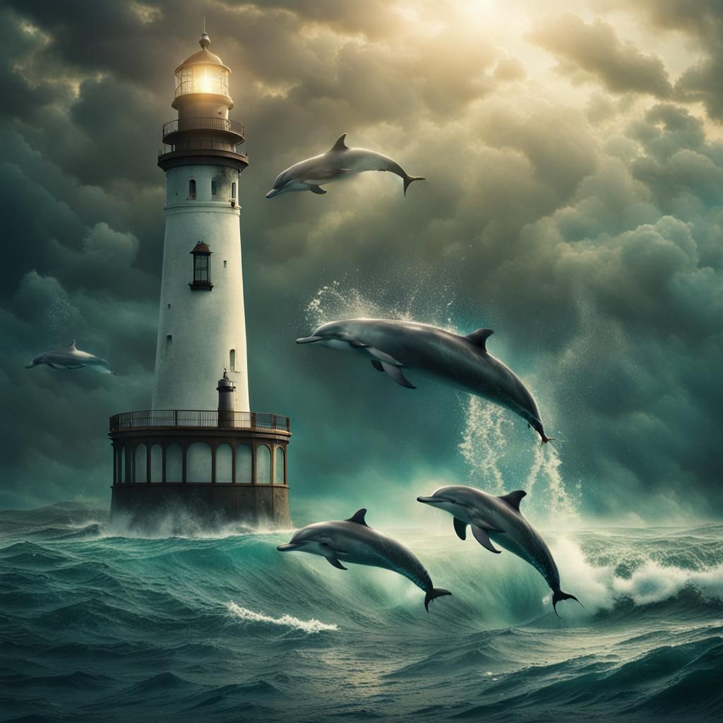 Dolphins Swim Past Lighthouse: Epic Digital Painting