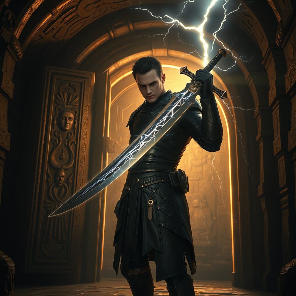 Warrior with Lightning Blade in Mystical Chamber