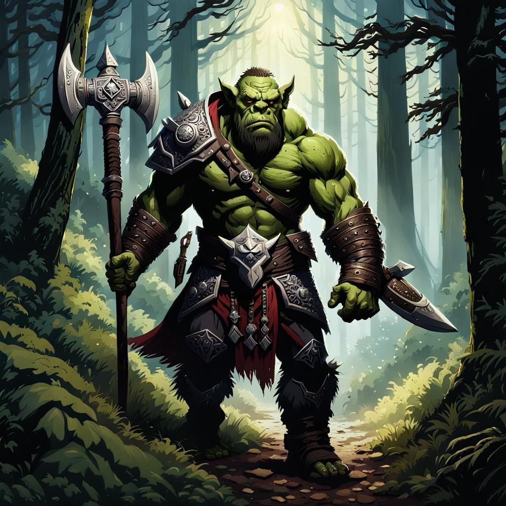 Epic Orc Warrior with Morningstar in Fantasy Forest