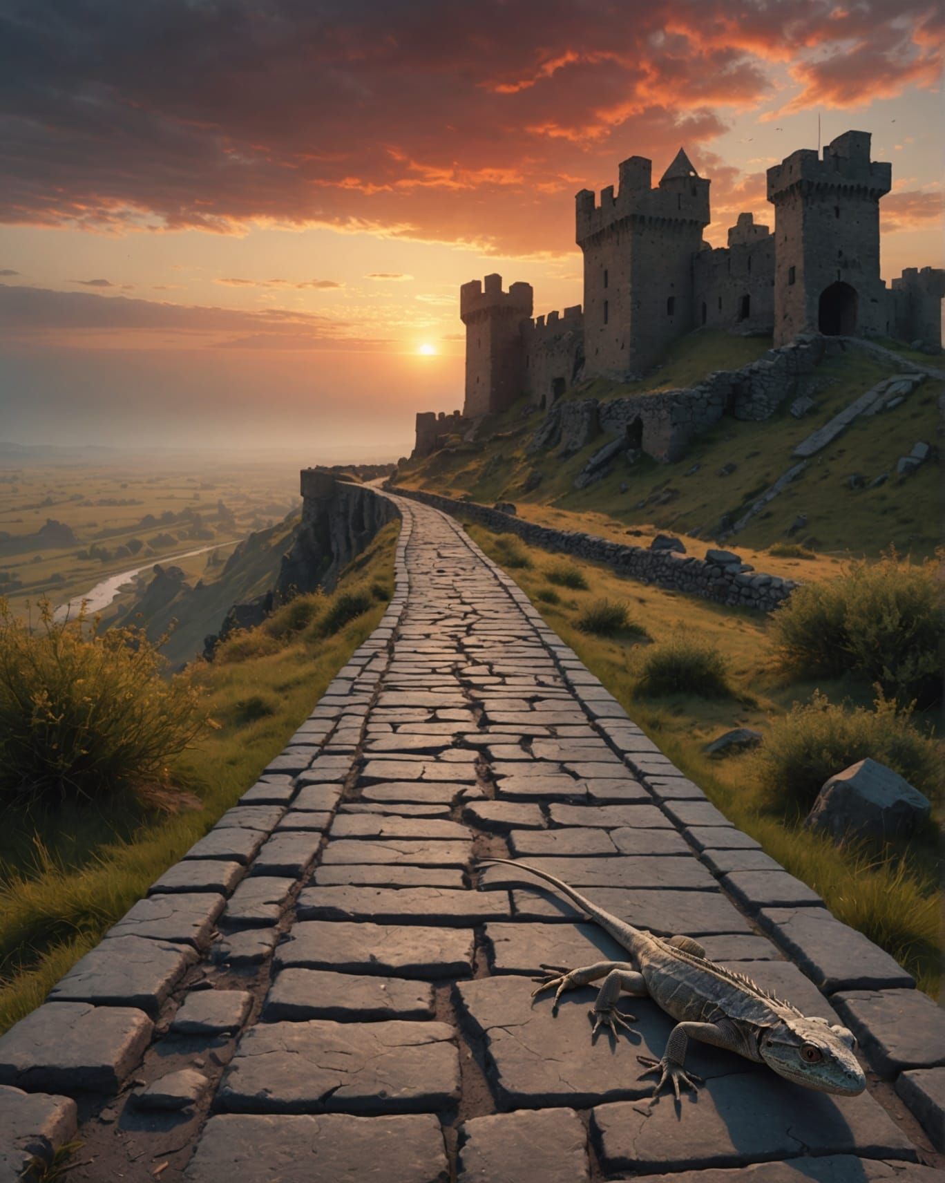 Atmospheric Stone Road with Lizards and Fortress