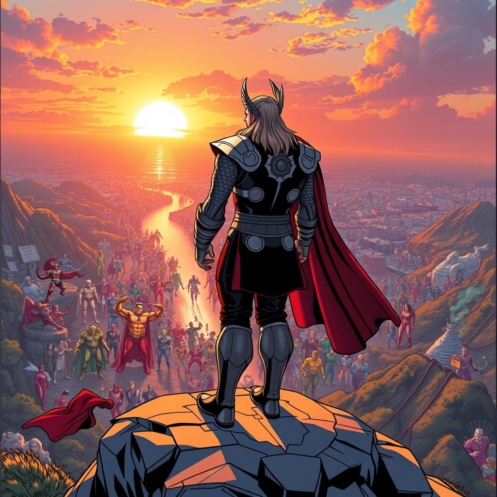 Thor Overlooks Superhero Paradise at Sunset