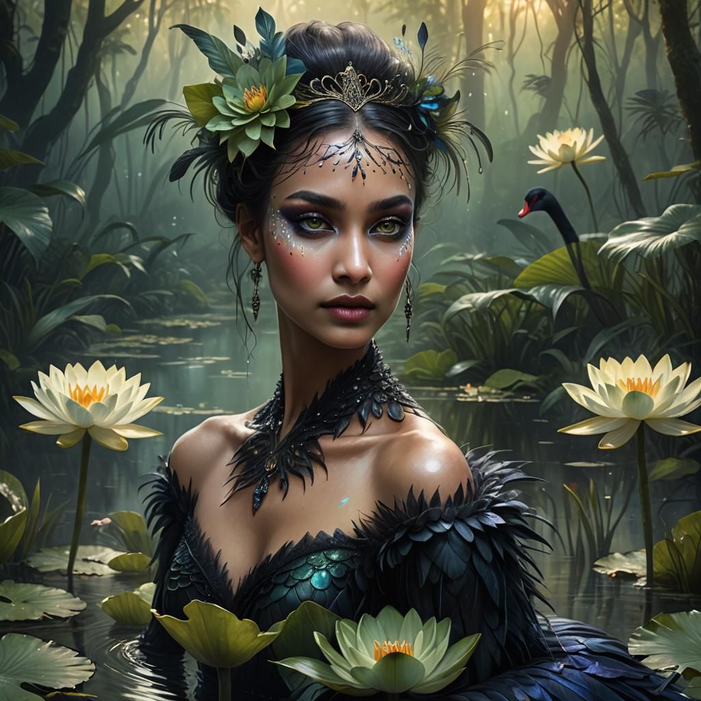 Mystical Black Swan Woman in Forest, Digital Painting