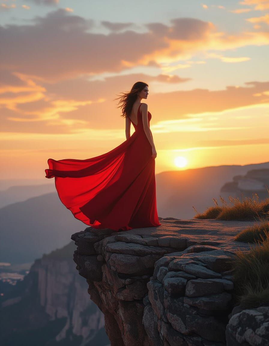 Woman in Red Dress on Dramatic Cliff at Sunset