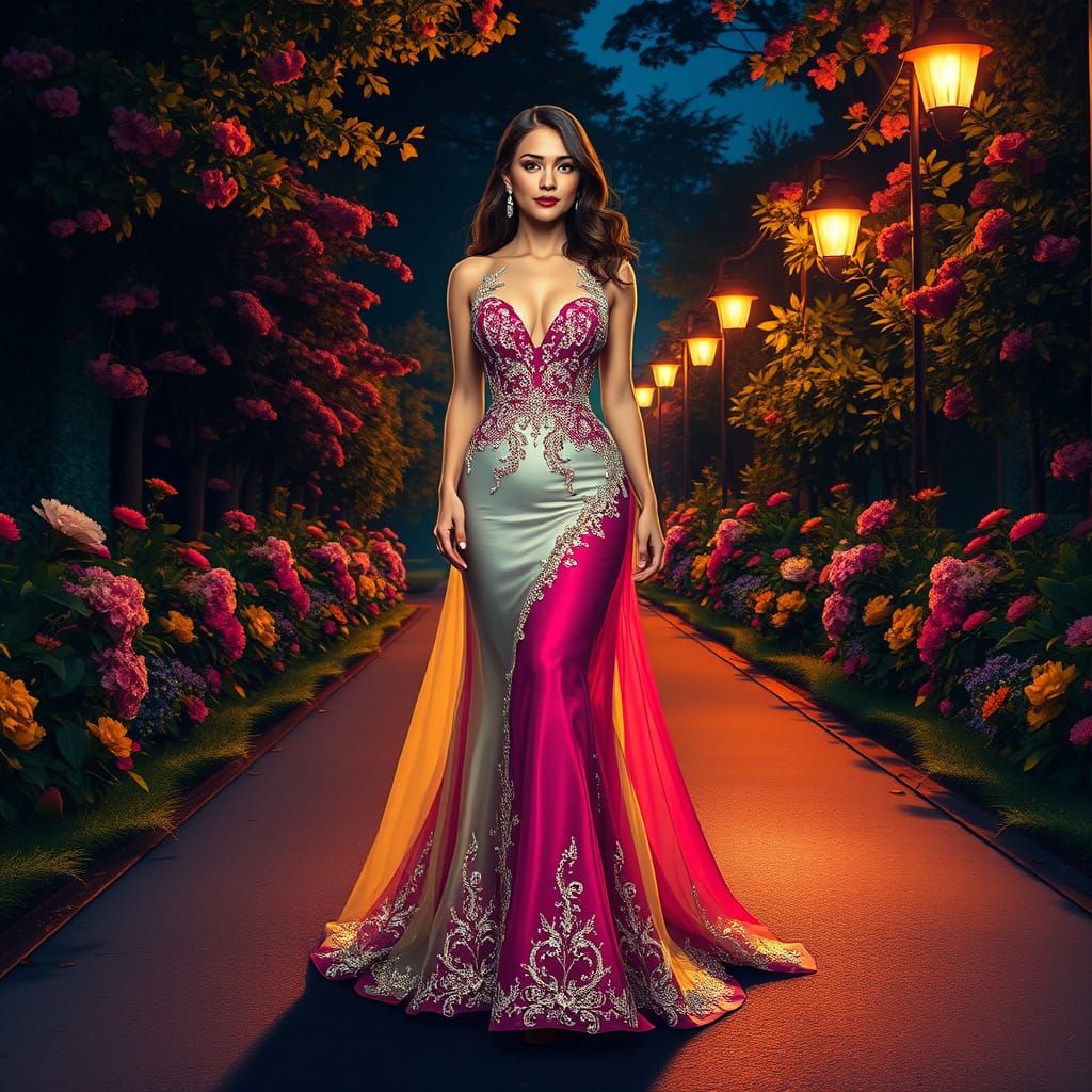 Ethereal Nighttime Goddess Strolls Campus Garden