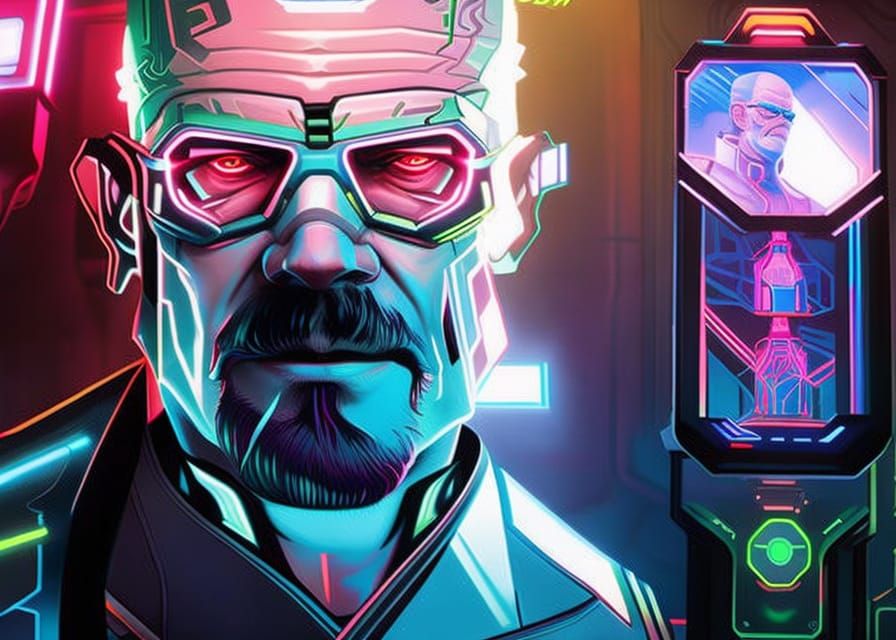 Cyborg Heisenberg in Cyberpunk Stim Shop
