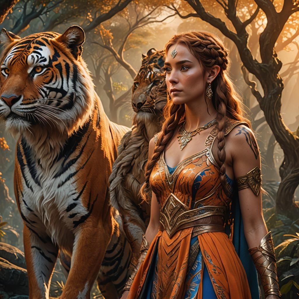 Elven Portrait with Tiger in Fantasy Realism Style