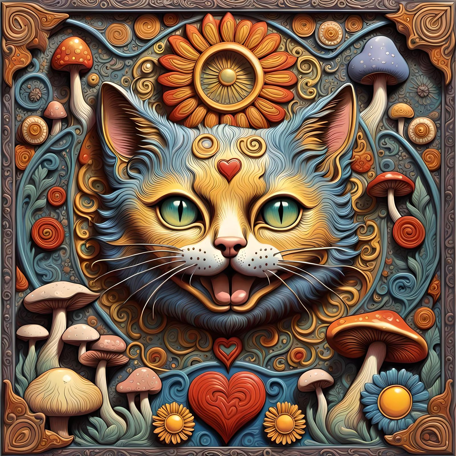 Psychedelic Cat Bas Relief with Mushrooms