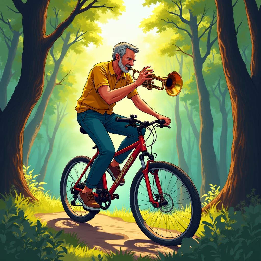 Man Rides Bike Through Forest Playing Trumpet