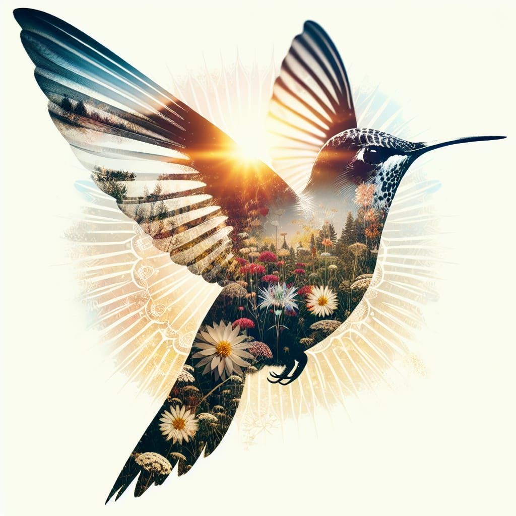 Surreal Hummingbird in Flight Amidst Vibrant Floral Landscap...
