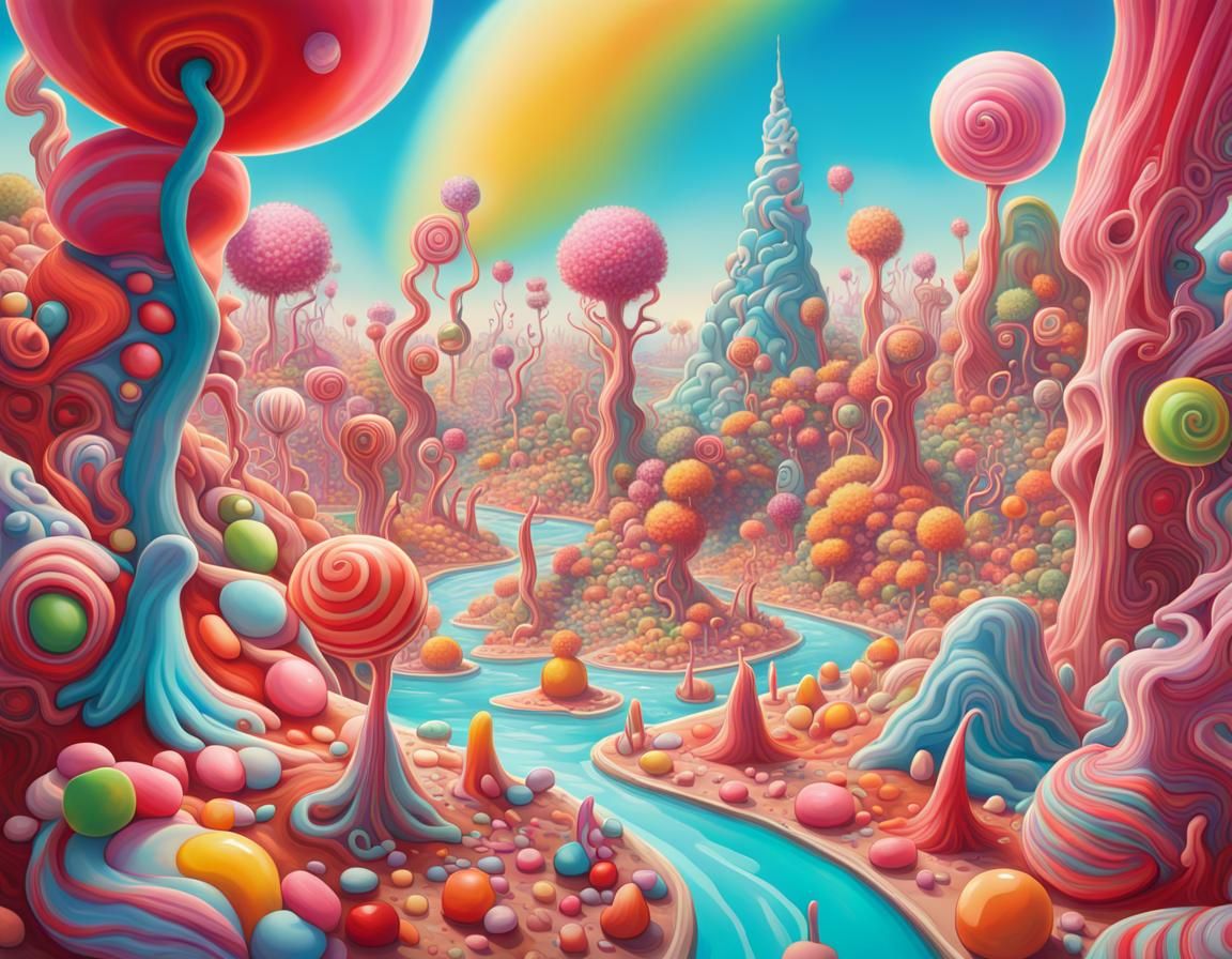 16k resolution, art by Salvador Dalí, Yoko Honda, Tim Burton, Candy realm, surreal landscapes, melting chocolate clocks,...