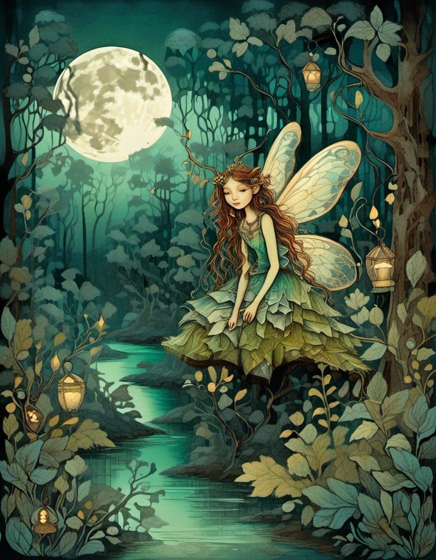 Fairy in Mystical Forest: Vintage Storybook Illustration