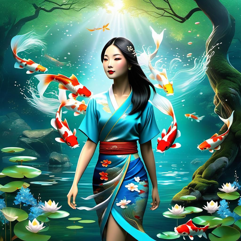 Koi Fish in Enchanted Forest Waterscape Painting