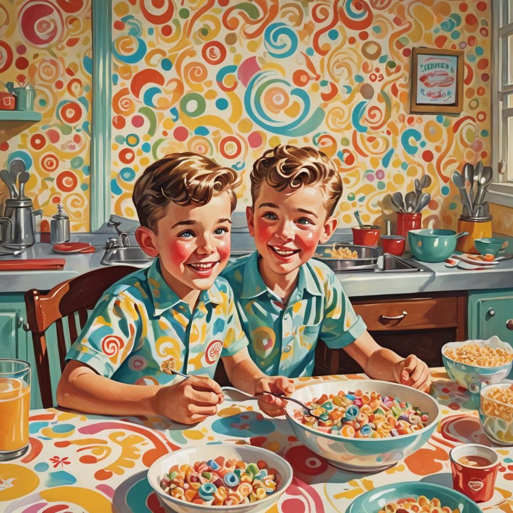 Retro Illustration of Boy Eating Cereal