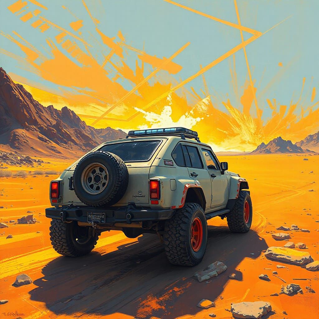 Futuristic Neon Vehicle in Desert Landscape Painting