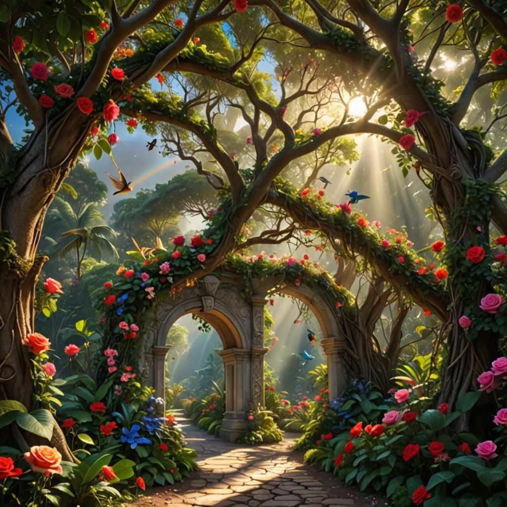 Fairy Welcoming Scene with Rainbow and Tropical Birds