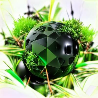 Geometric Black Sphere with Green Moss in 3D Parallax