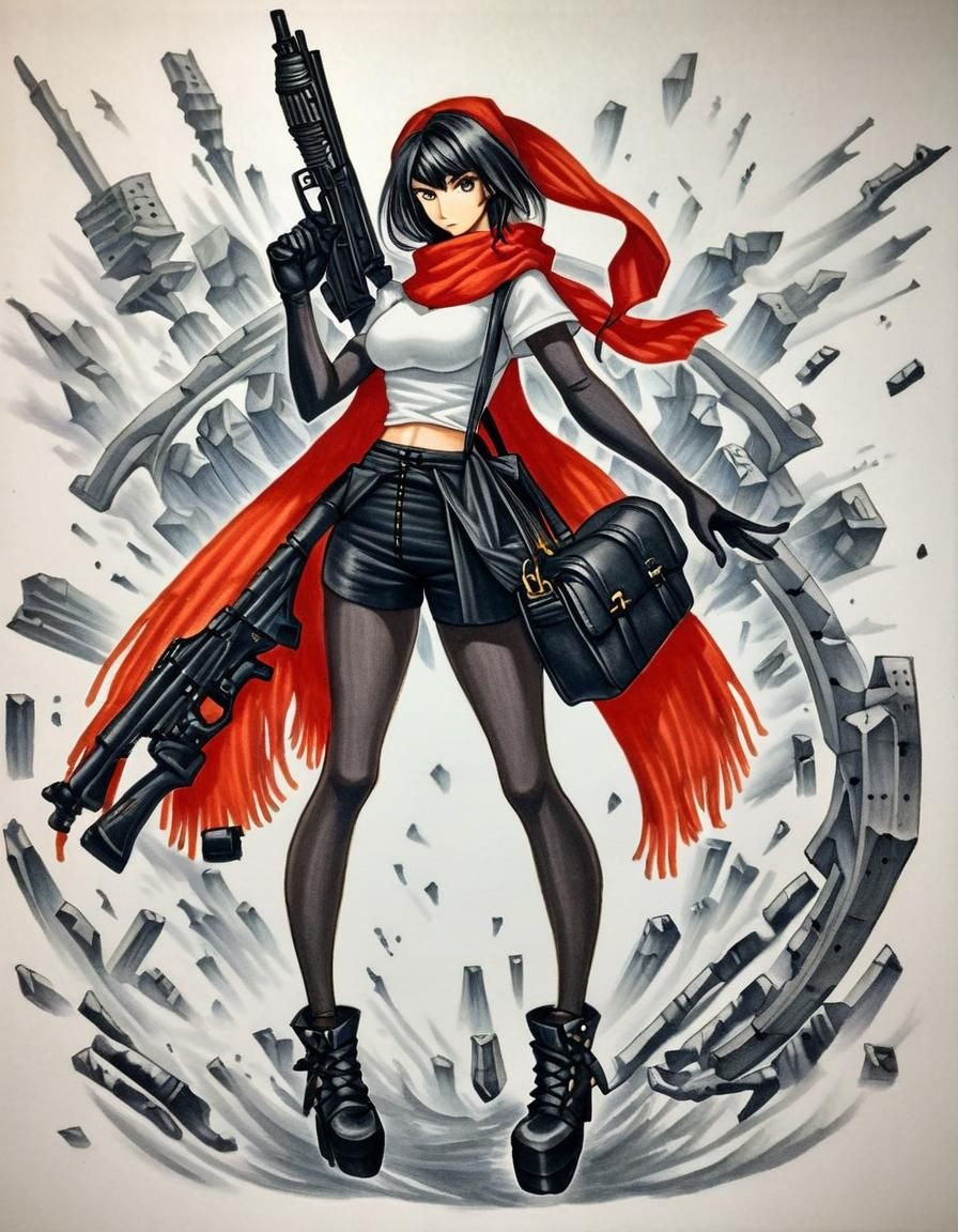 Anime RPG Girl with Gun and Red Scarf