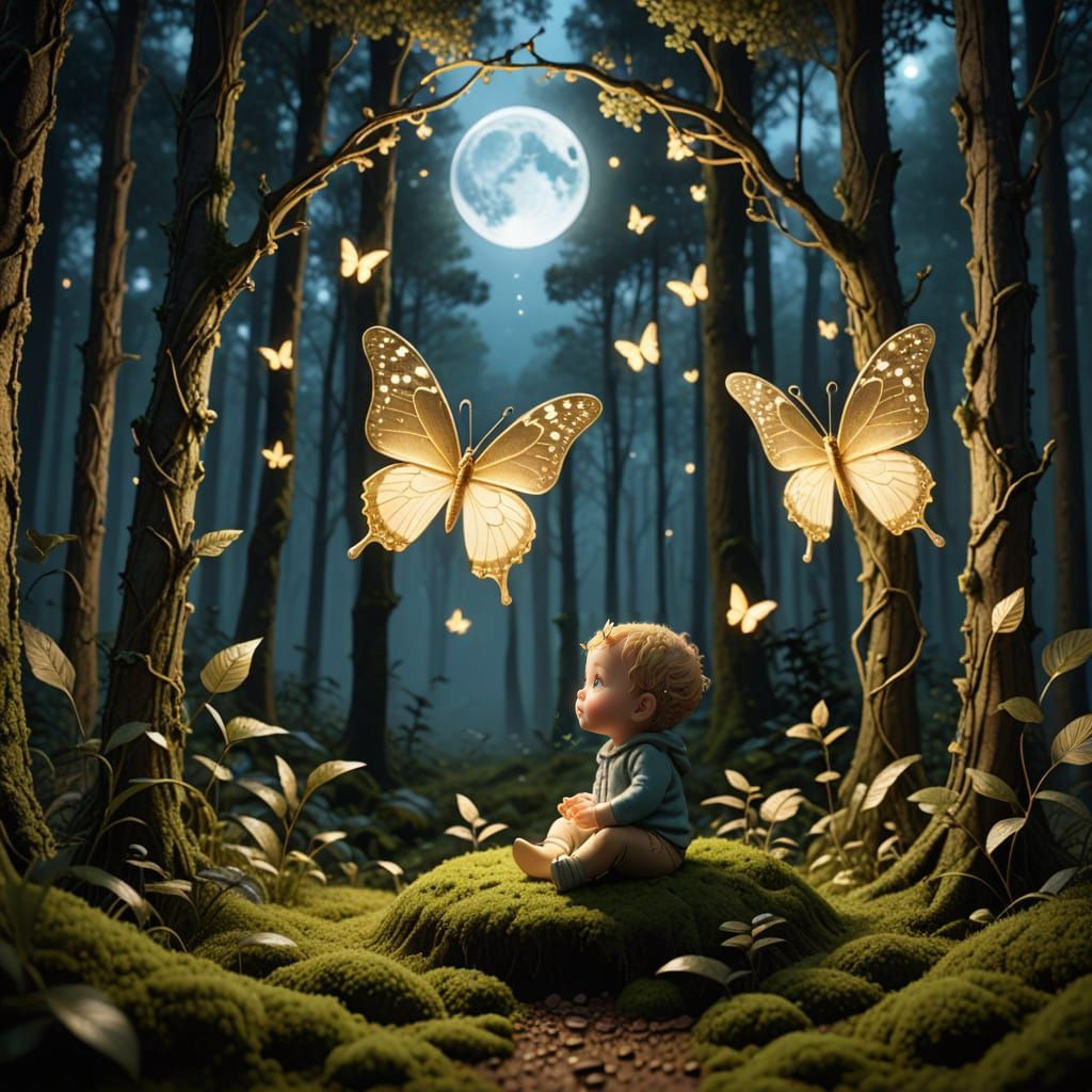Whimsical Baby Encounters a Glowing Lunar Butterfly in an En...