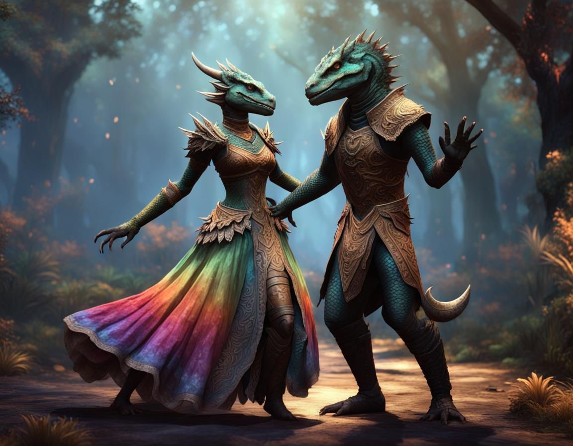 Argonian Couple's Dance in Colorful Forest