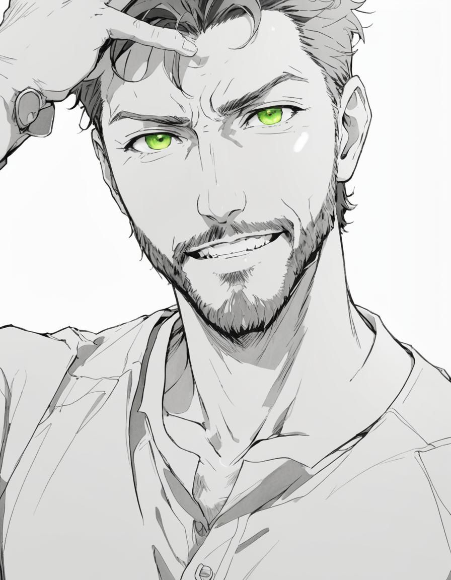 Anime Portrait of Handsome Older Man with Green Eyes