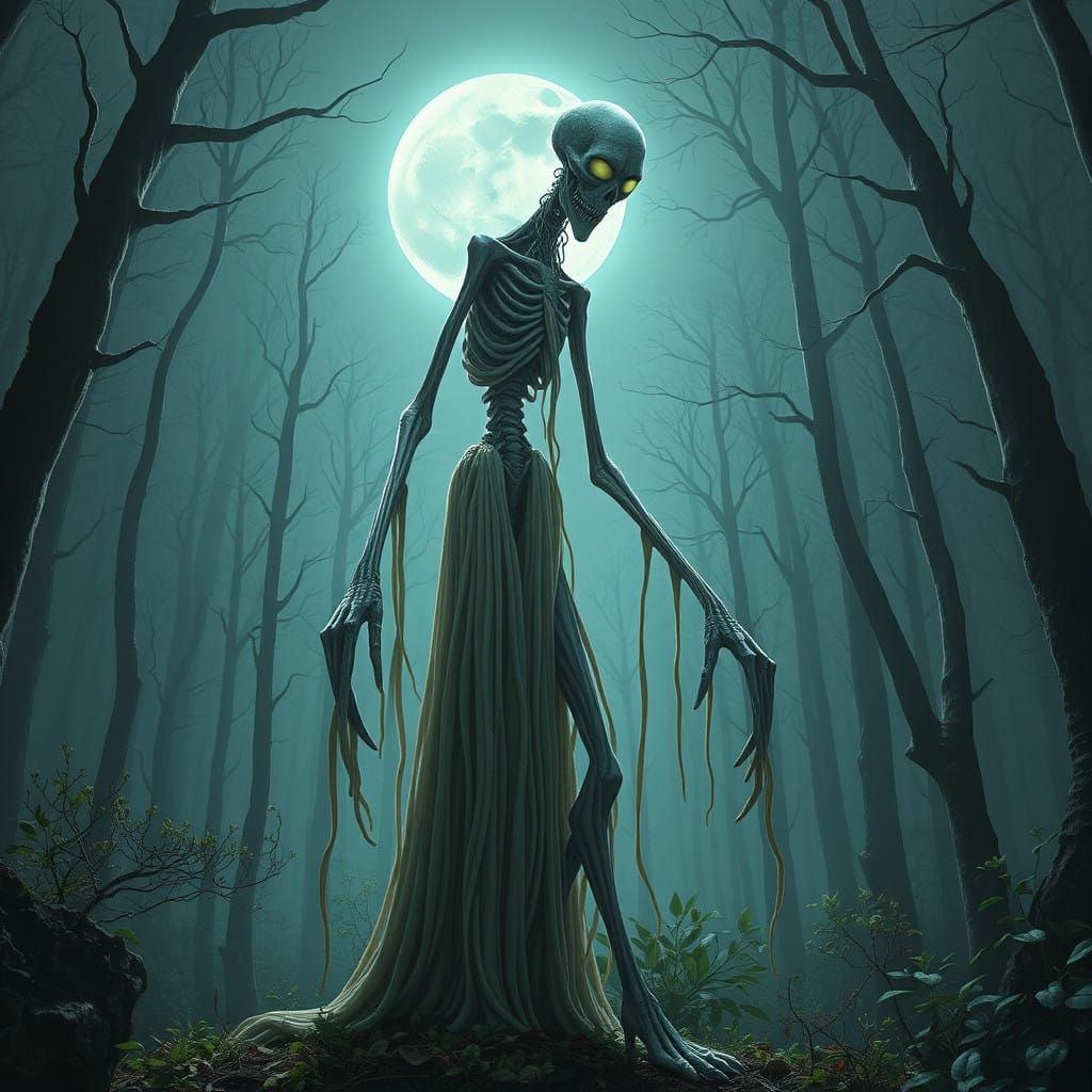 Ethereal Horror Figure Emerges in Moonlit Liminal Space