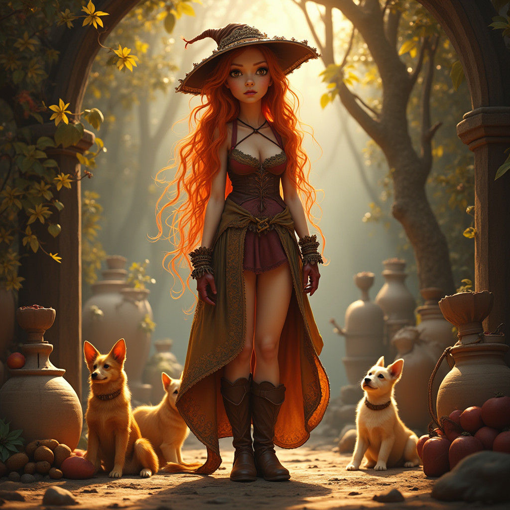 Fiery Ginger Woman in Whimsical Fantasy Realm