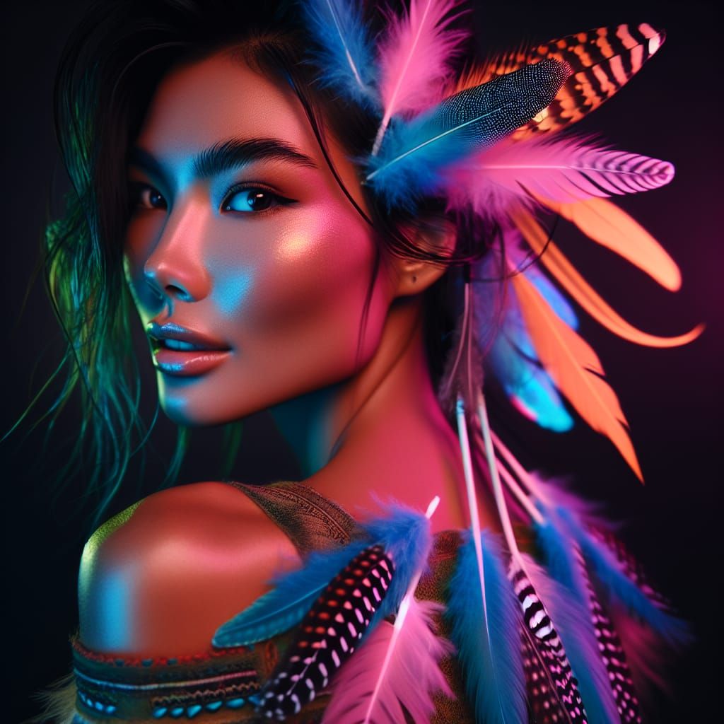 Neon Portrait of First Nation Woman with Feathers