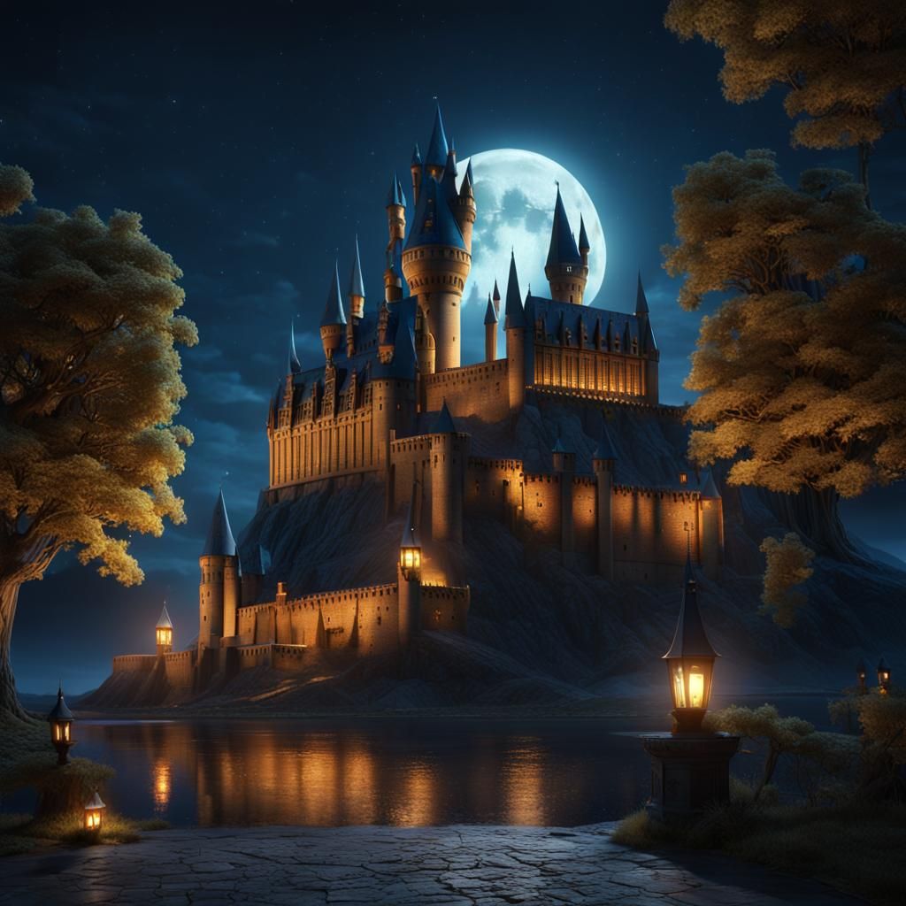 Fantastical Nocturnal Castle Landscape with Luminescent Flor...
