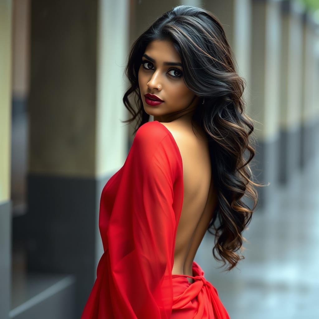 Young Woman in Crimson Saree, Full Body Shot