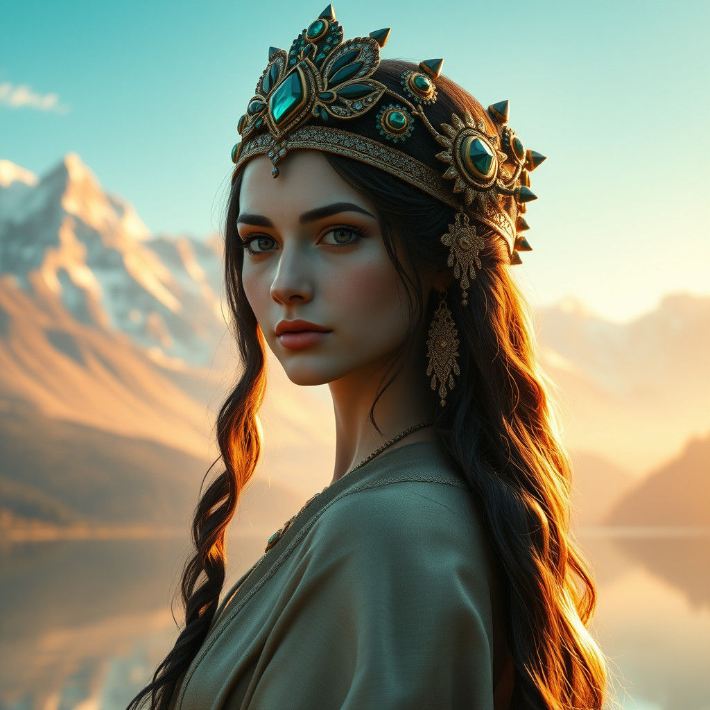 Ancient Woman Portrait with Lake and Mountains