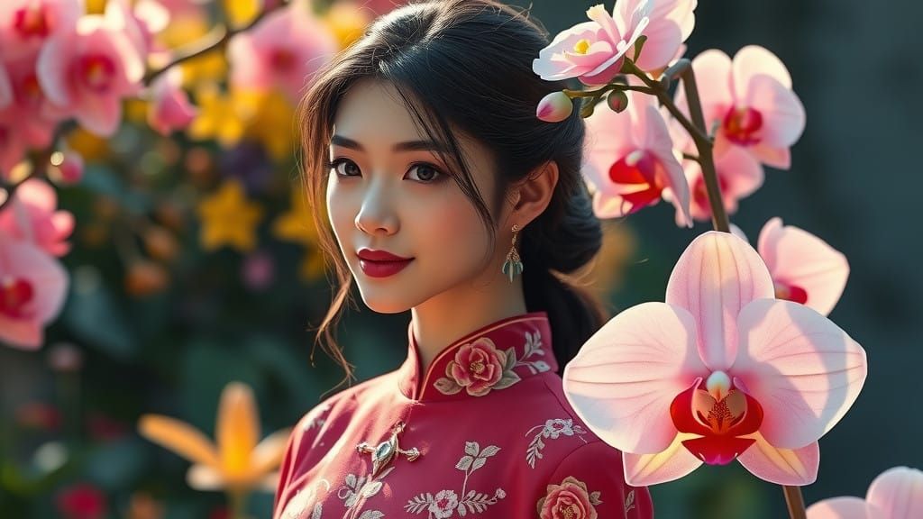 Elegant Asian Woman Stands Beside Majestic Orchid in Vibrant...