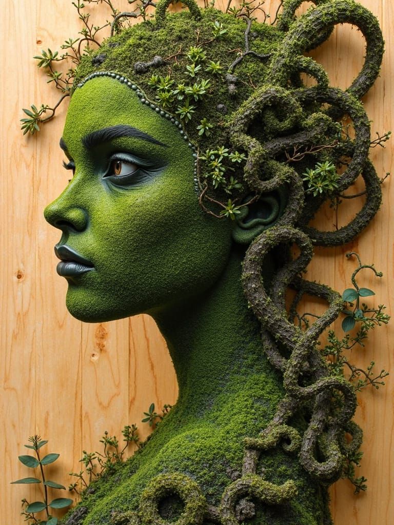 Pyrographically Whittled Moss Portrait in the Intensely Fini...