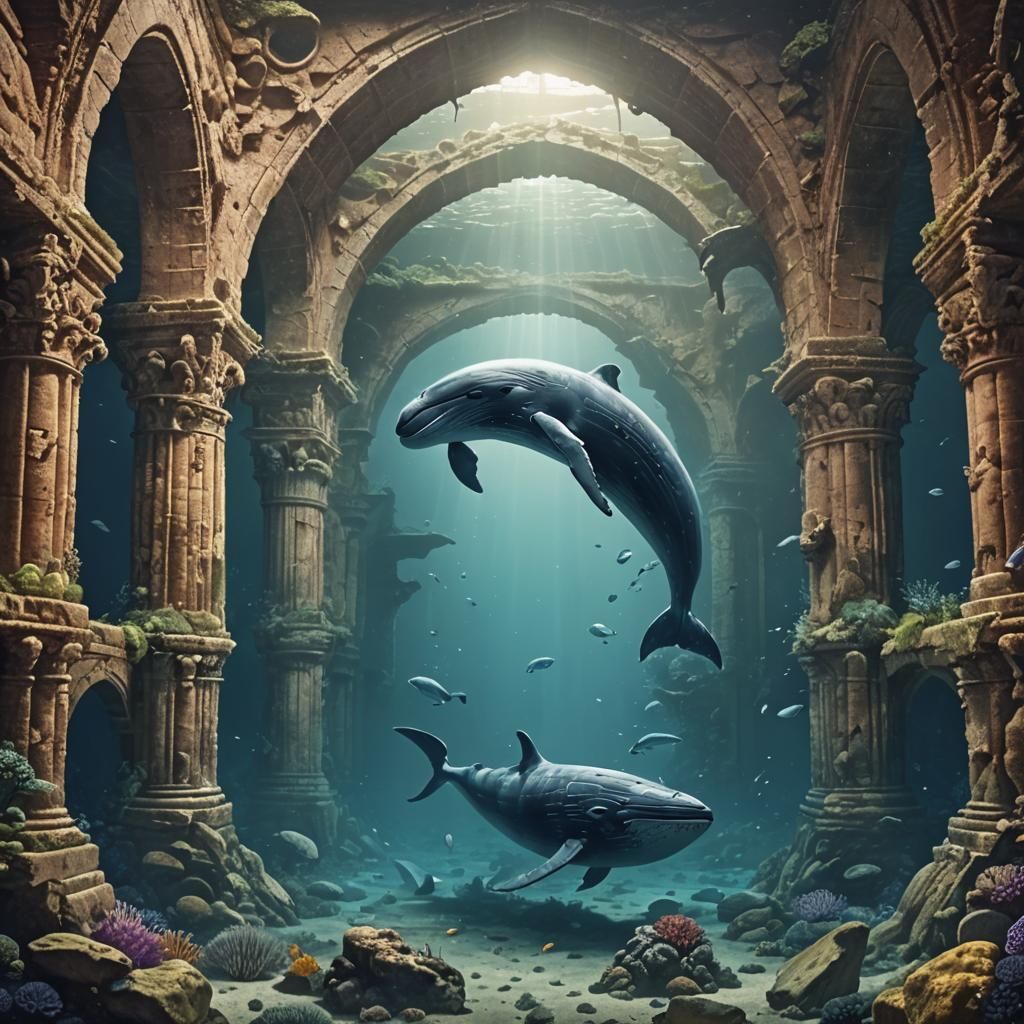 Ancient Underwater Ruins with Whale