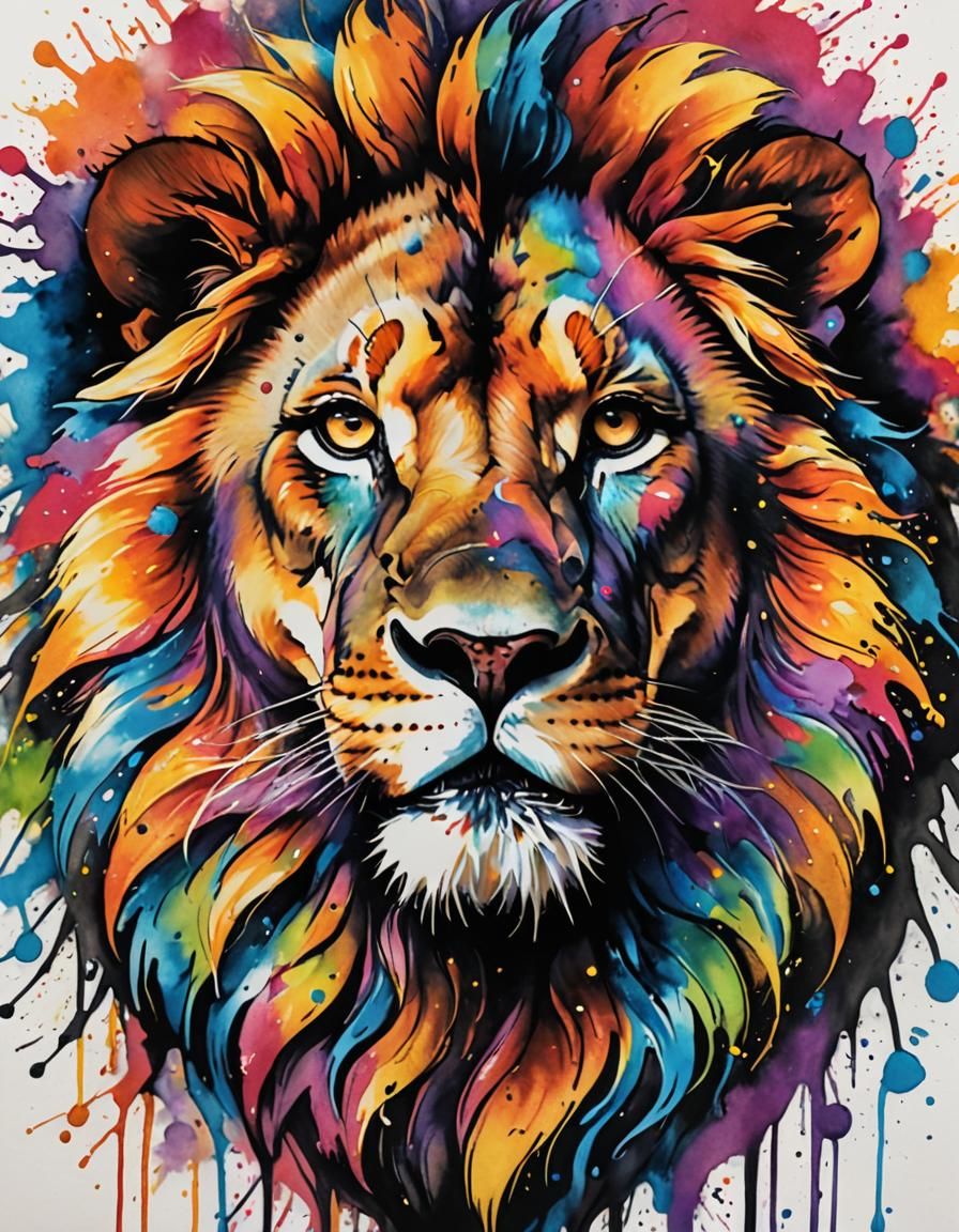 Lion Tattoo Art With Rainbow Watercolor Effect