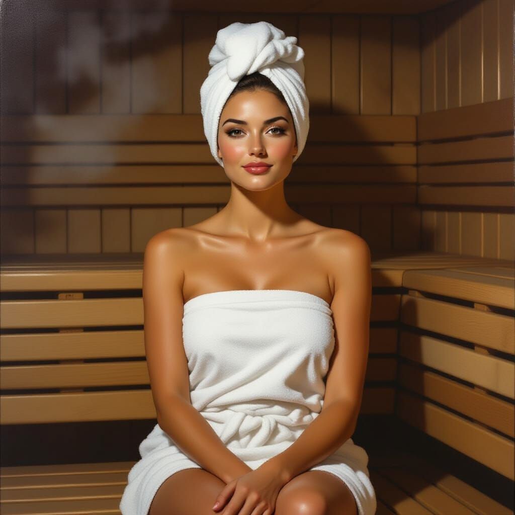 Serene Woman in Steamy Sauna, Photorealistic Style
