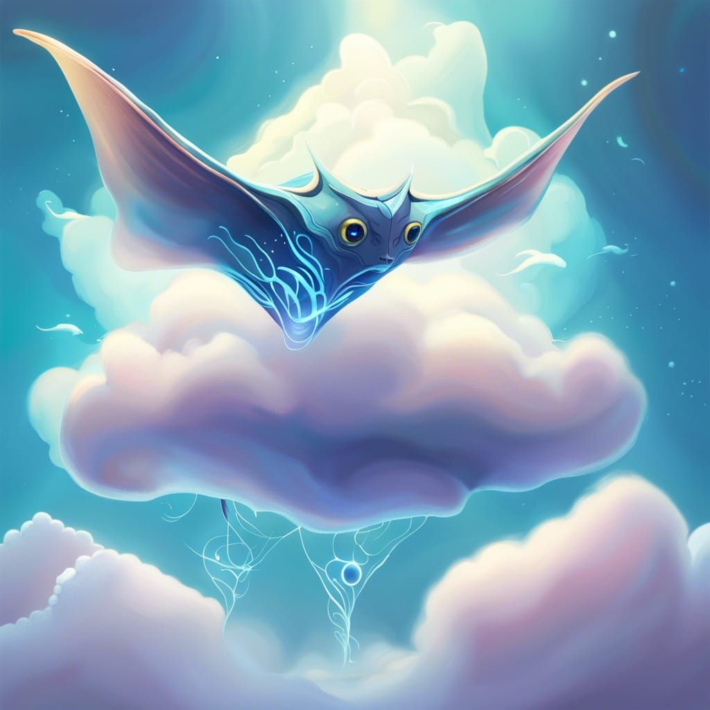 Ethereal Bioluminescent Manta Ray Flying in Clouds