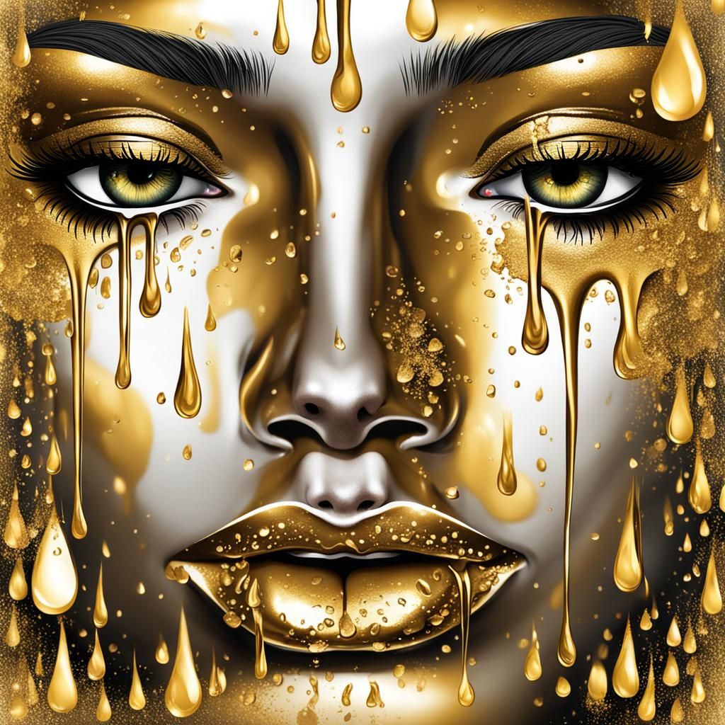 A beautiful woman crying liquid gold tears