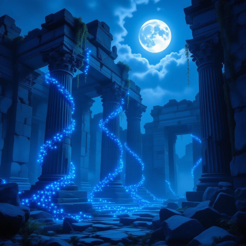 Bioluminescent Vines Envelop Ancient Temple