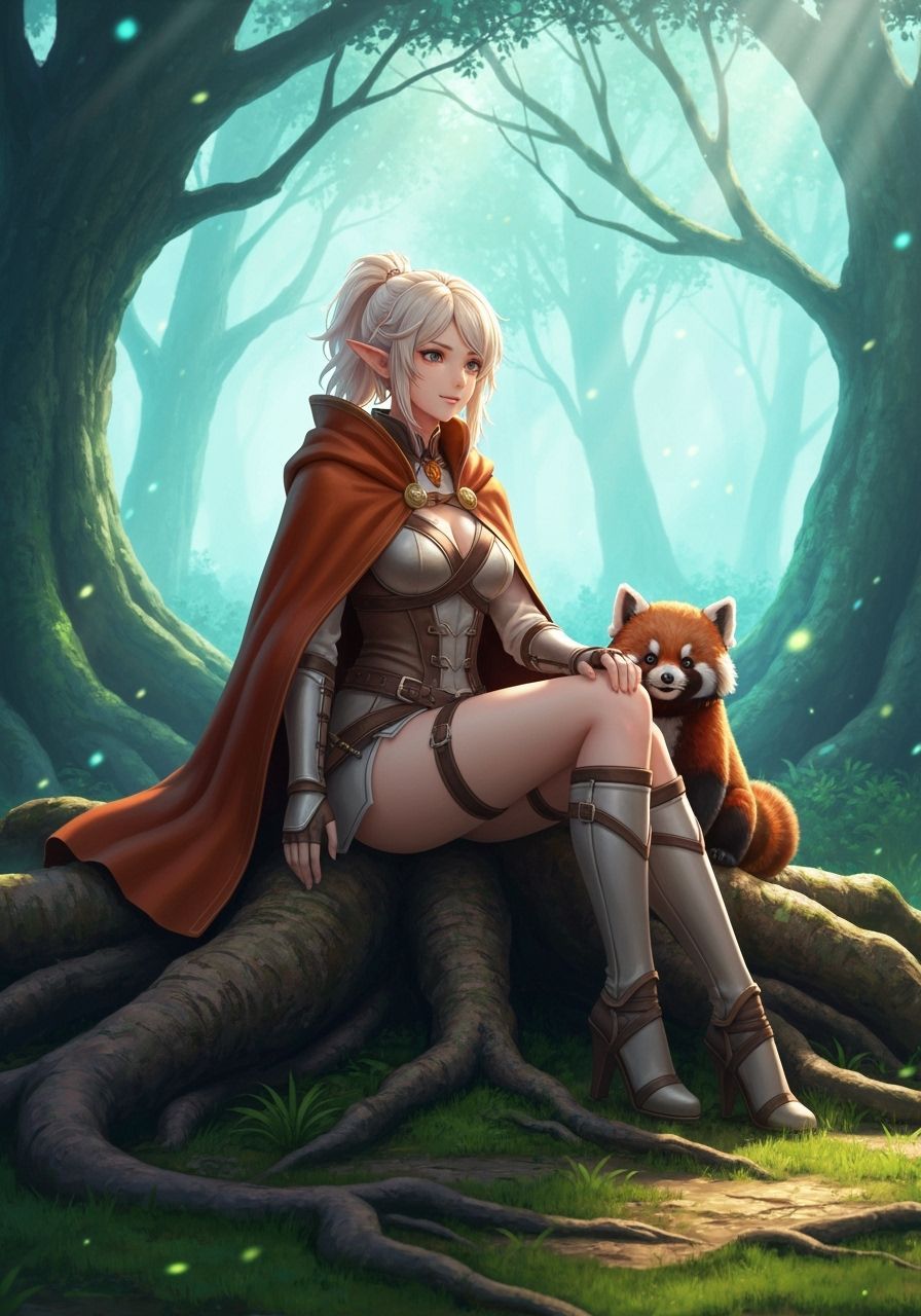 Elven Ranger and Red Panda in Magical Forest