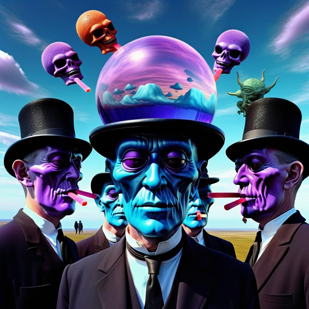 Demons Meet Bowler Hat Man: Surreal Digital Art