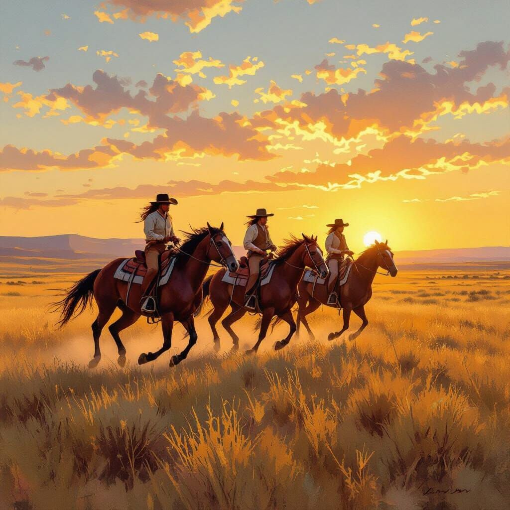 Wild Horses Galloping on Sun-Drenched Prairie