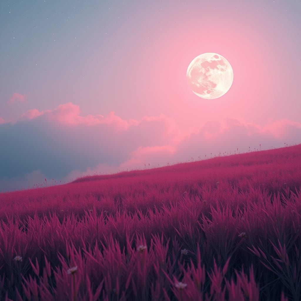 Dreamlike Pink Meadow Under Full Pink Moon