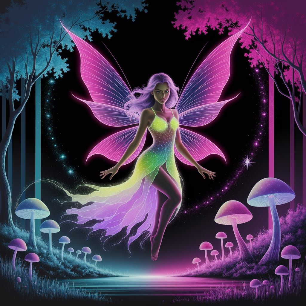 Neon Fairy in Enchanted Forest: Fantasy Art