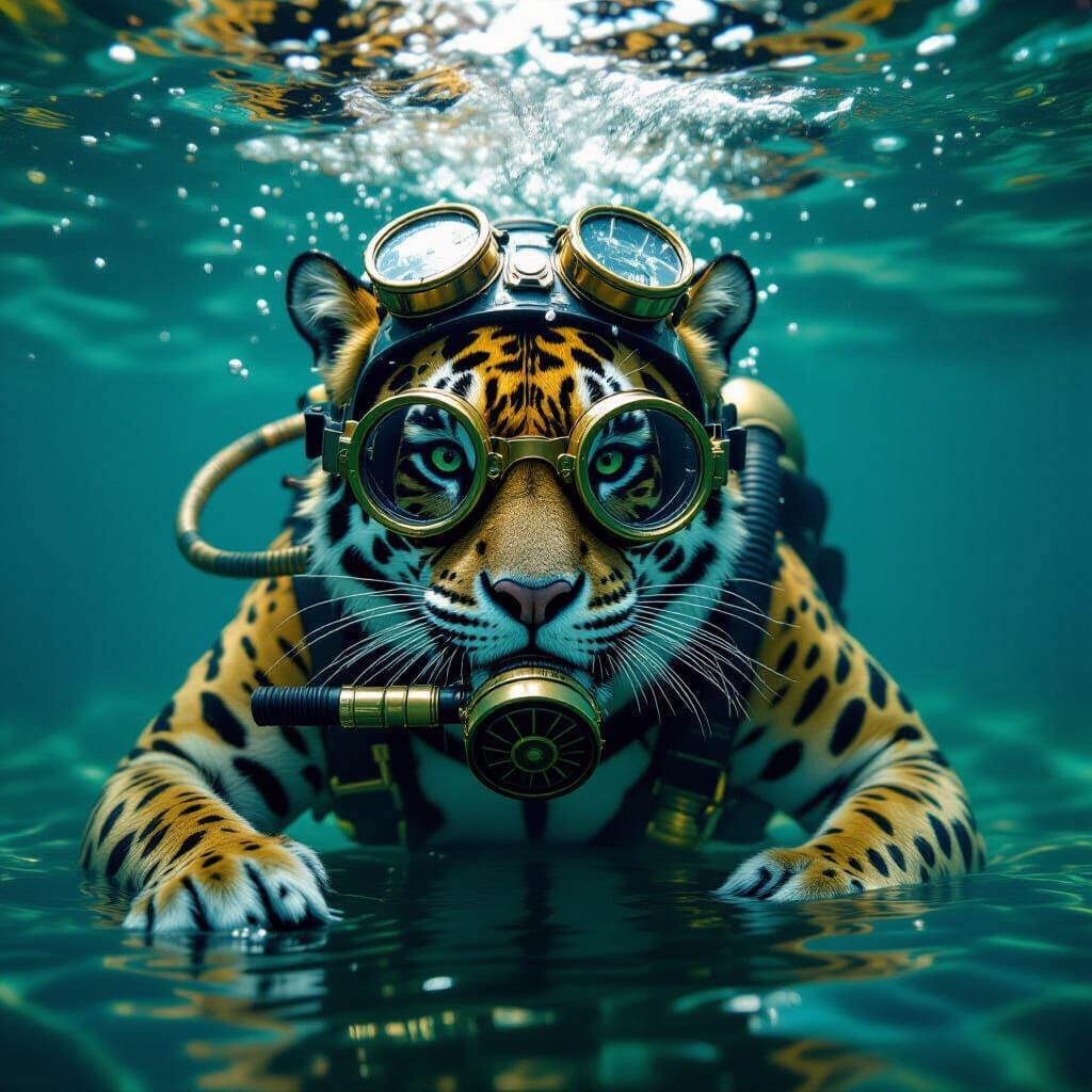 Steampunk Jaguar-Tiger Hybrid Hunts Underwater in Surreal St...