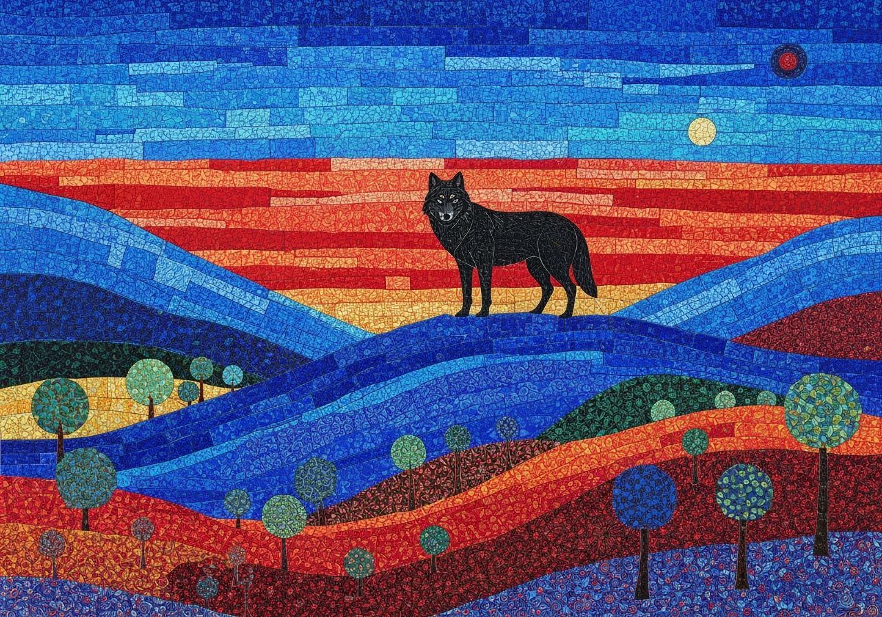Vibrant Abstract Wolf Landscape in Patchwork Quilt Style