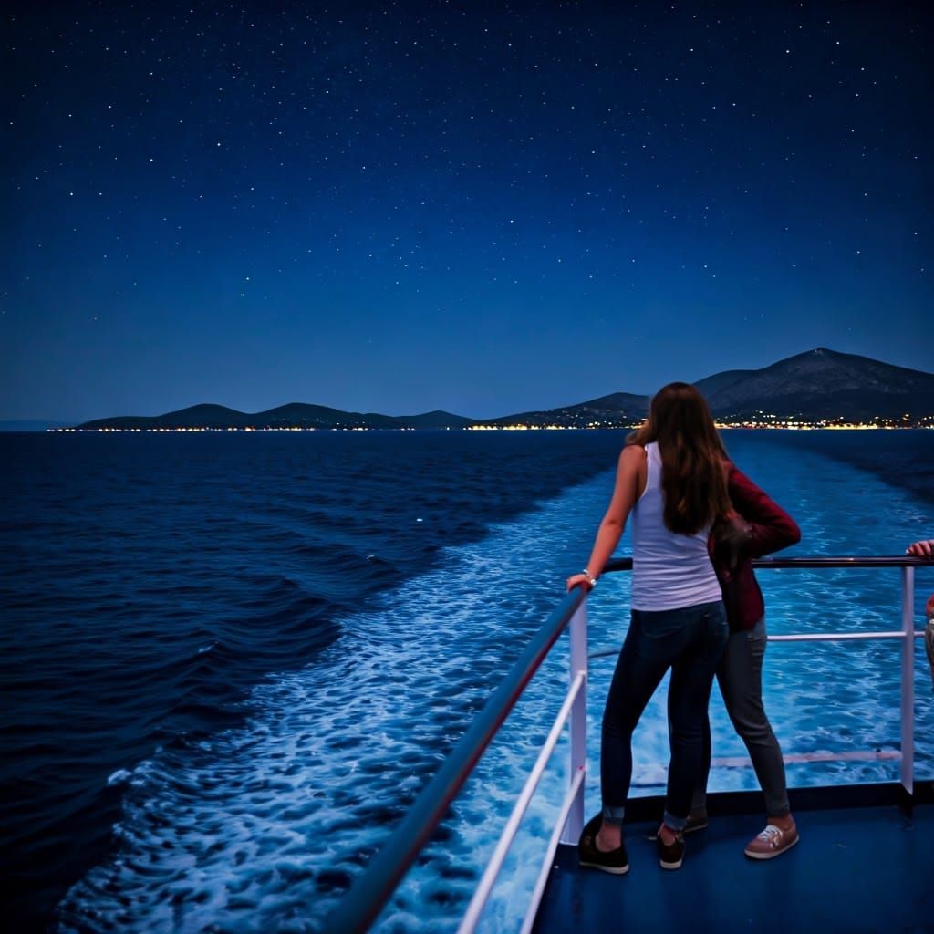 Greek Island Ferry at Night in Hyperrealism