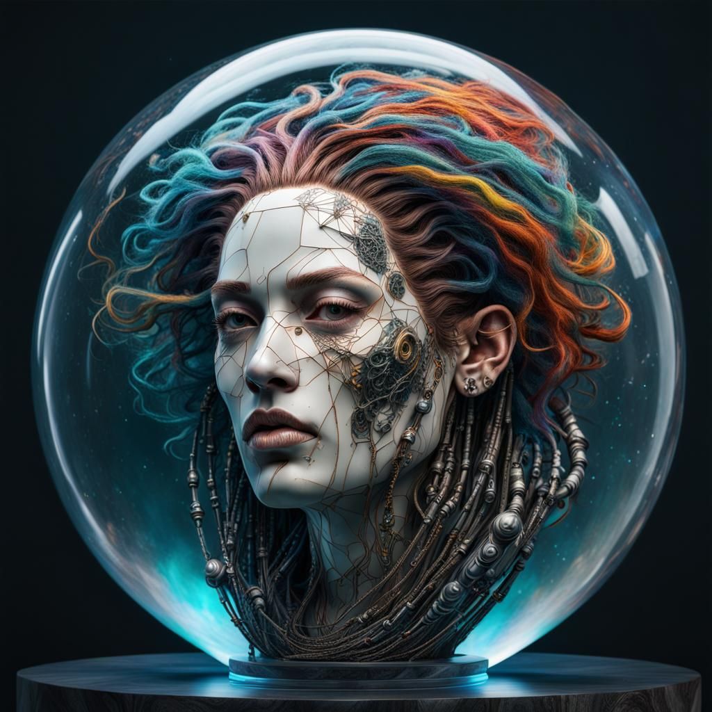 Cyborg Woman Marble Sculpture Portrait in Ocean Sphere