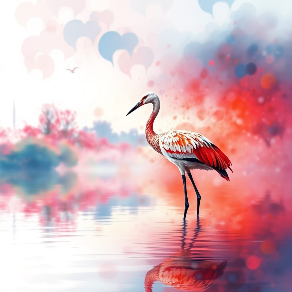 Whimsical Watercolor Fantasy with Serene Winter Crane