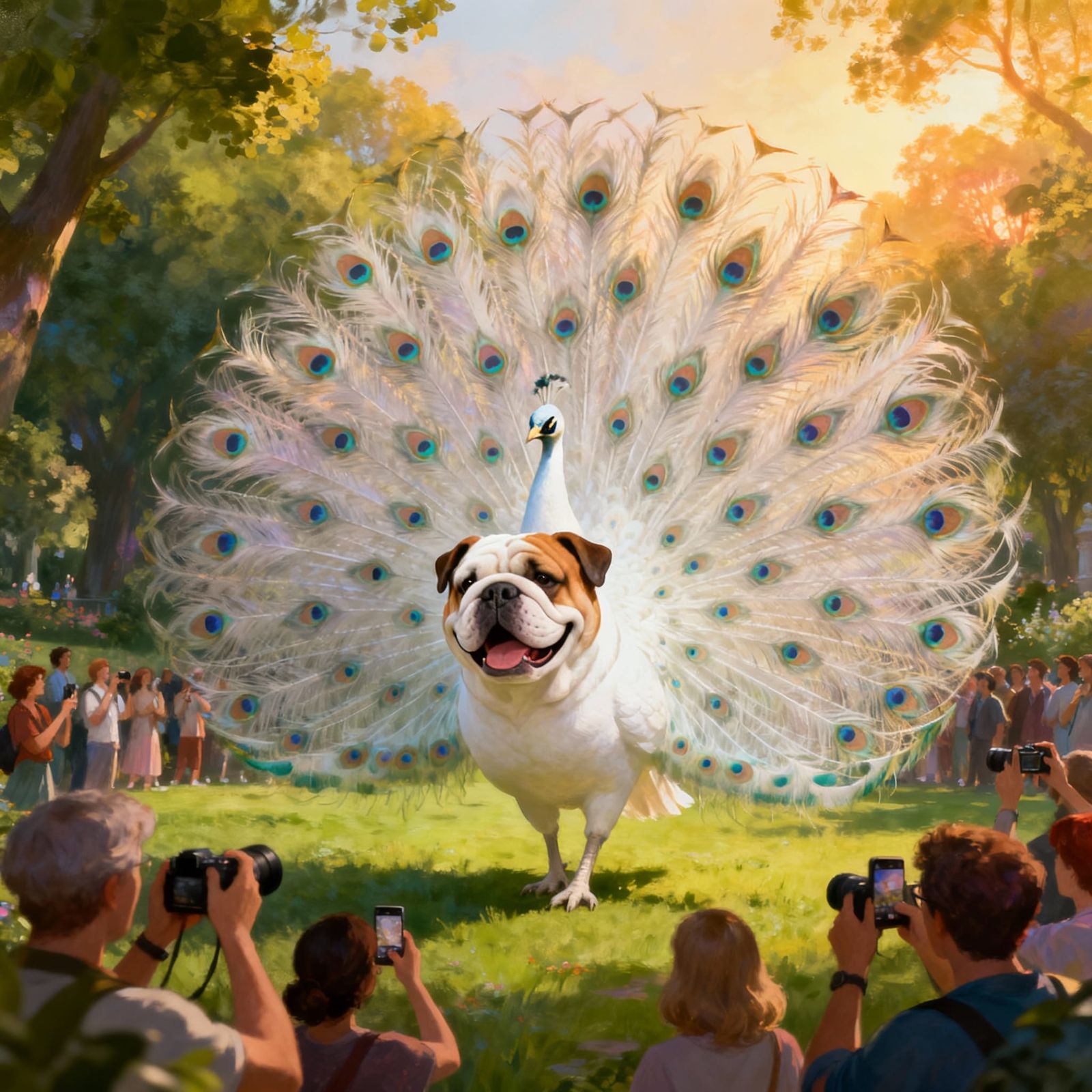 Bulldog Peacock Hybrid Amuses Crowd in Golden Hour Park